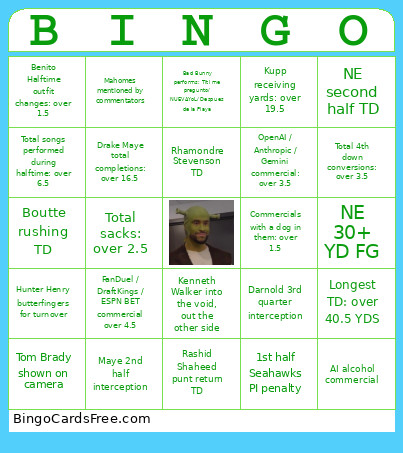 Super Bowl 60 NT Bingo Card