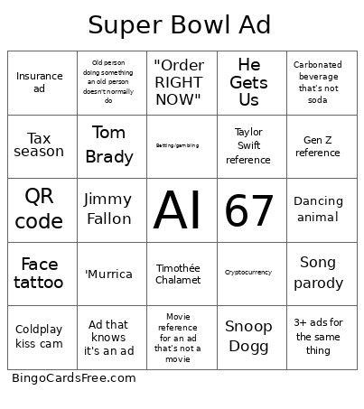 Super Bowl Ad Bingo Card