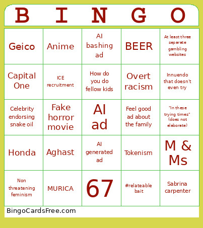 Super Bowl Ad Bingo Card