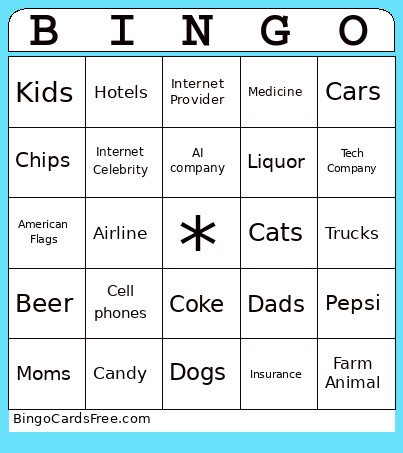 Super Bowl Ad Bingo Card