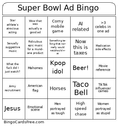 Super Bowl ad bingoo Cards Free Pdf Printable Game, Title: Super Bowl Ad Bingo