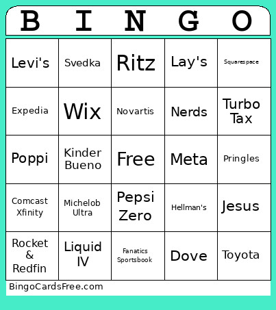 Super Bowl Ads 2026 Bingo Card