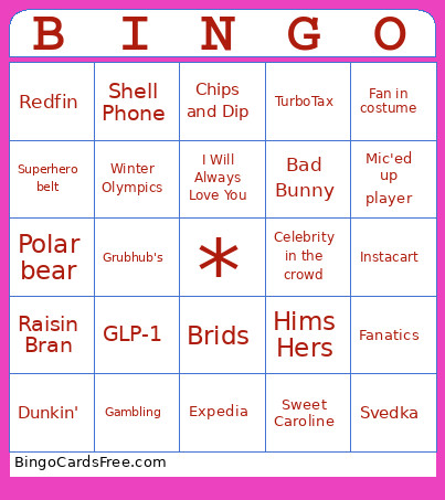 Super Bowl Ads Bingo Card