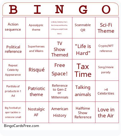 Super Bowl Ads Bingo! Cards Free Pdf Printable Game, Title: BINGO