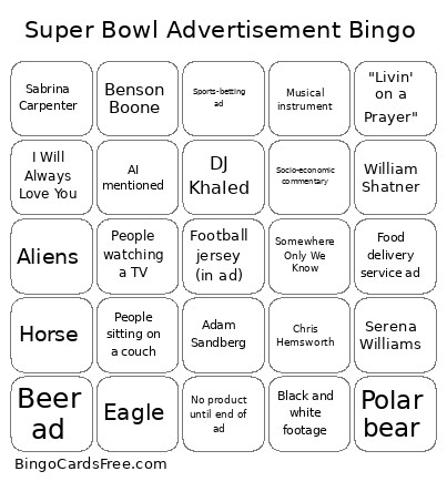 Super Bowl Advertisement Bingo Card
