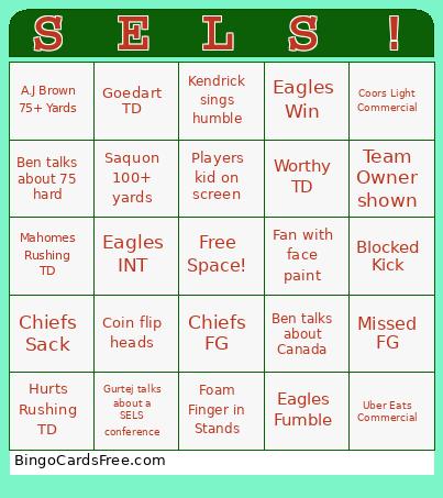 Super Bowl Bingo Cards Free Pdf Printable Game, Title: SELS!