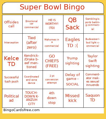 Super Bowl Bingo Cards Free Pdf Printable Game, Title: Super Bowl Bingo