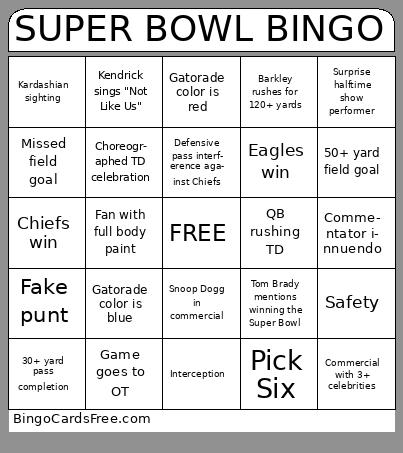 SUPER BOWL BINGO Cards Free Pdf Printable Game, Title: SUPER BOWL BINGO