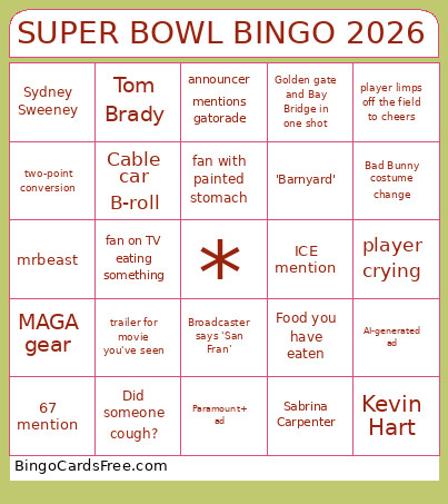 SUPER BOWL 2026 Bingo Card