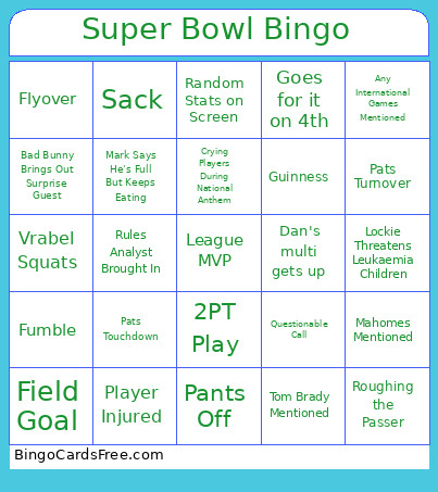 Super Bowl Bingo Card