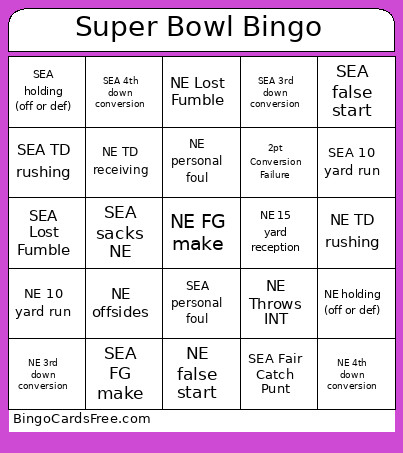 Super Bowl Bingo Card