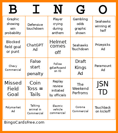Super Bowl Bingo Card