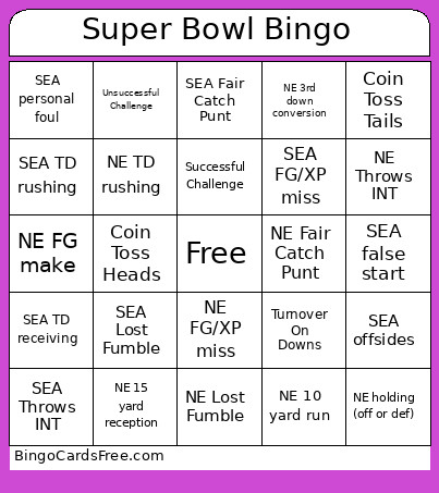 Super Bowl Bingo Card