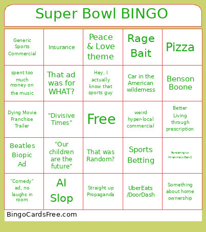 Super Bowl Commercial Bingo Card