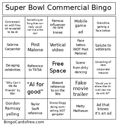 Super Bowl Bingo Cards Free Pdf Printable Game, Title: Super Bowl Commercial Bingo