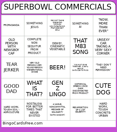 Super Bowl Commercial Bingo Card