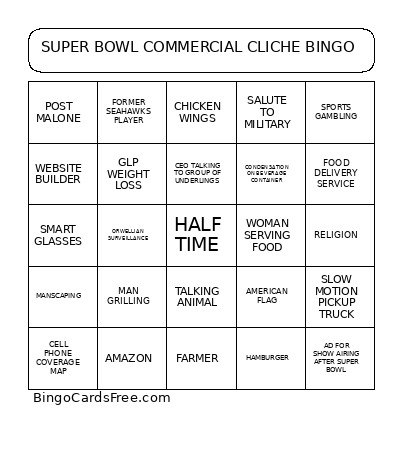 SUPER BOWL COMMERCIAL CLICHE Bingo Card