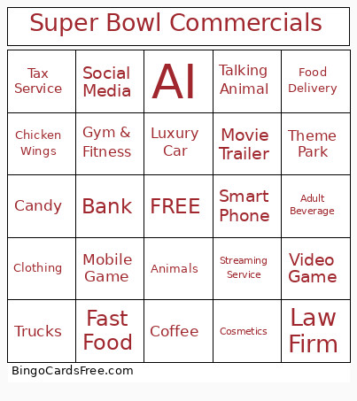 Super Bowl Commercials Bingo Card