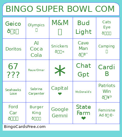 Super Bowl Commercials Bingo Card