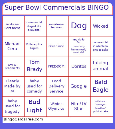 Super Bowl Commercials Bingo Card