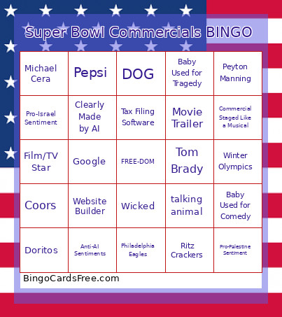 Super Bowl Commercials Bingo Card