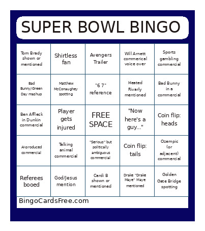 Super Bowl Extravaganza Bingo Card