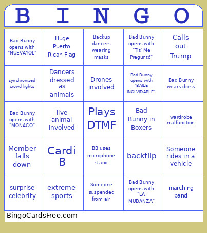 Super Bowl Half Time Bingo Card