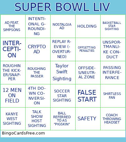 SUPER BOWL LIV Bingo Cards Free Pdf Printable Game, Title: SUPER BOWL LIV