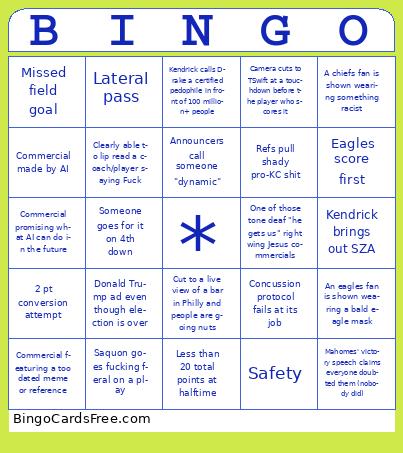 Super Bowl LIX Bingo Cards Free Pdf Printable Game, Title: BINGO