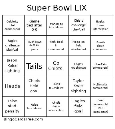 Super Bowl LIX Bingo Cards Free Pdf Printable Game, Title: Super Bowl LIX