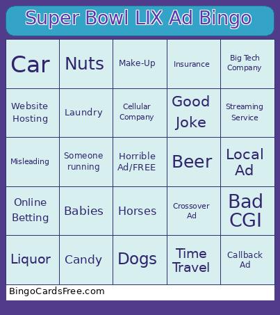 Super Bowl LIX Advert Bingo Card