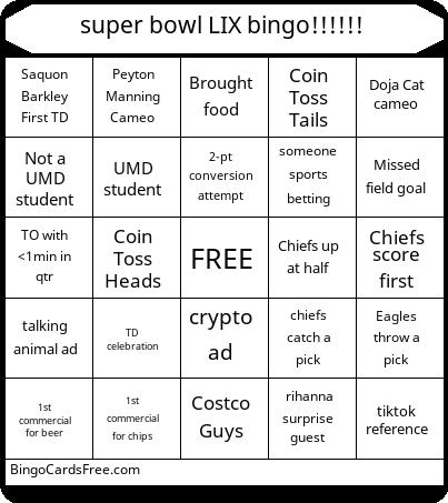 Super Bowl LIX Bingo Cards Free Pdf Printable Game, Title: super bowl LIX bingo!!!!!!