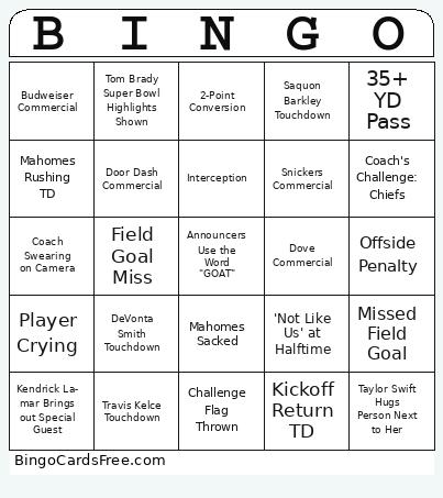 Super Bowl LIX Bingo Cards Free Pdf Printable Game, Title: BINGO