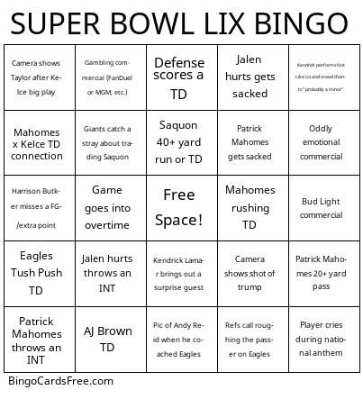 SUPER BOWL LIX BINGO