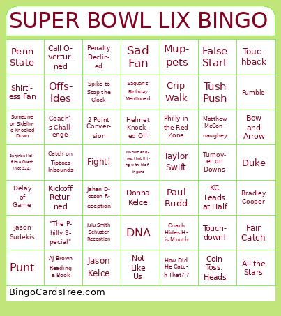 super bowl lix Bingo Cards Free Pdf Printable Game, Title: SUPER BOWL LIX BINGO