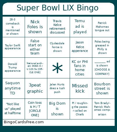 Super Bowl LIX Bingo Cards Free Pdf Printable Game, Title: Super Bowl LIX Bingo