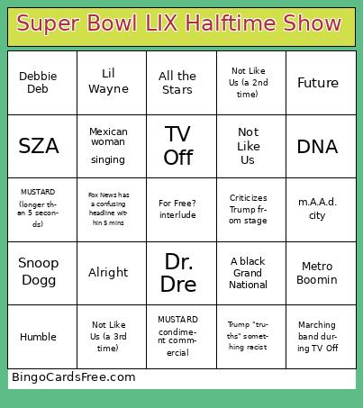 Super Bowl LIX Halftime Show Bingo