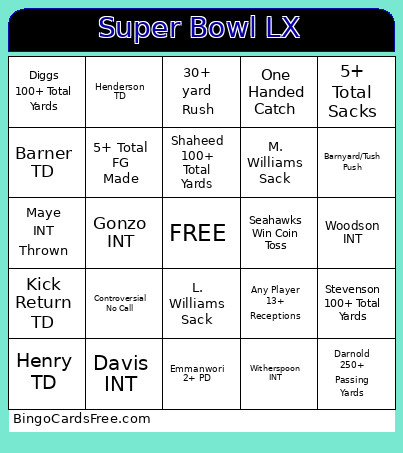 Super Bowl LX Bingo Card
