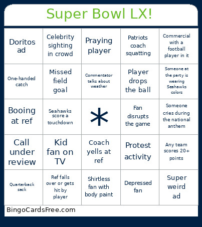 Super Bowl LX! Bingo Card