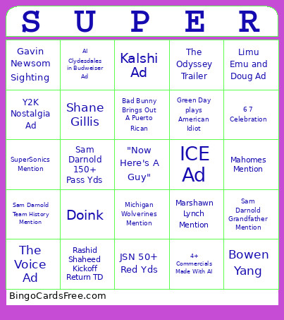 Super Bowl LX Bingo Card
