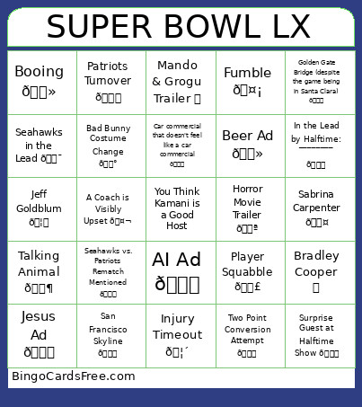 Super Bowl LX Bingo Card