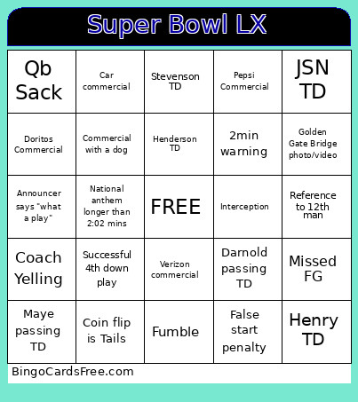 Super Bowl LX Bingo Card