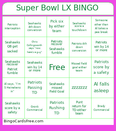 Super Bowl LX Bingo Card