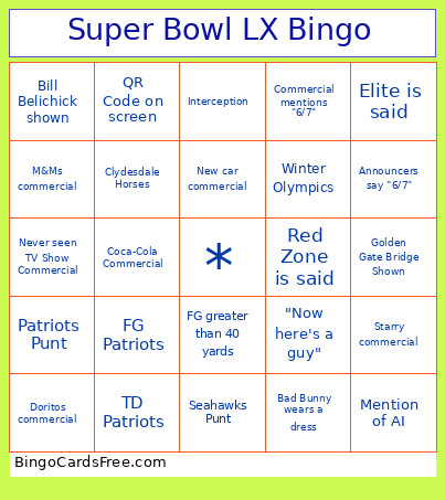 Super Bowl LX Bingo Card