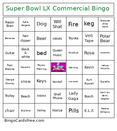 Super Bowl LX Commercial Bingo Card