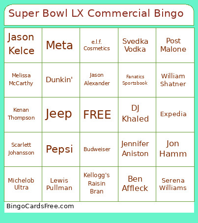 Super Bowl LX Commercial Bingo Card