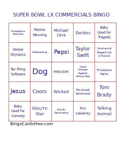 SUPER BOWL LX COMMERCIALS Bingo Card