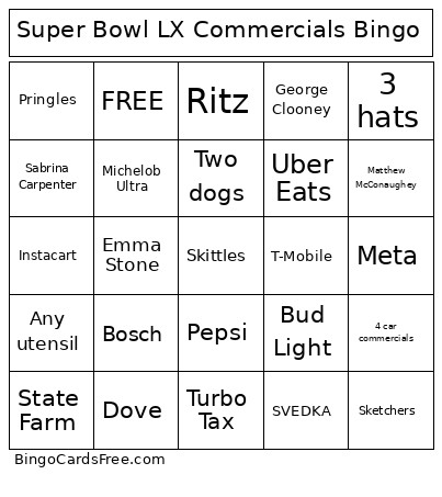 Super Bowl LX Commercials Bingo Card