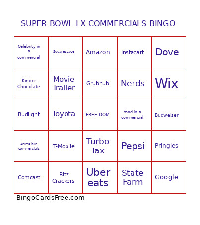 SUPER BOWL LX COMMERCIALS Bingo Card