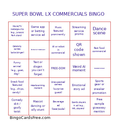 SUPER BOWL LX COMMERCIALS Bingo Card